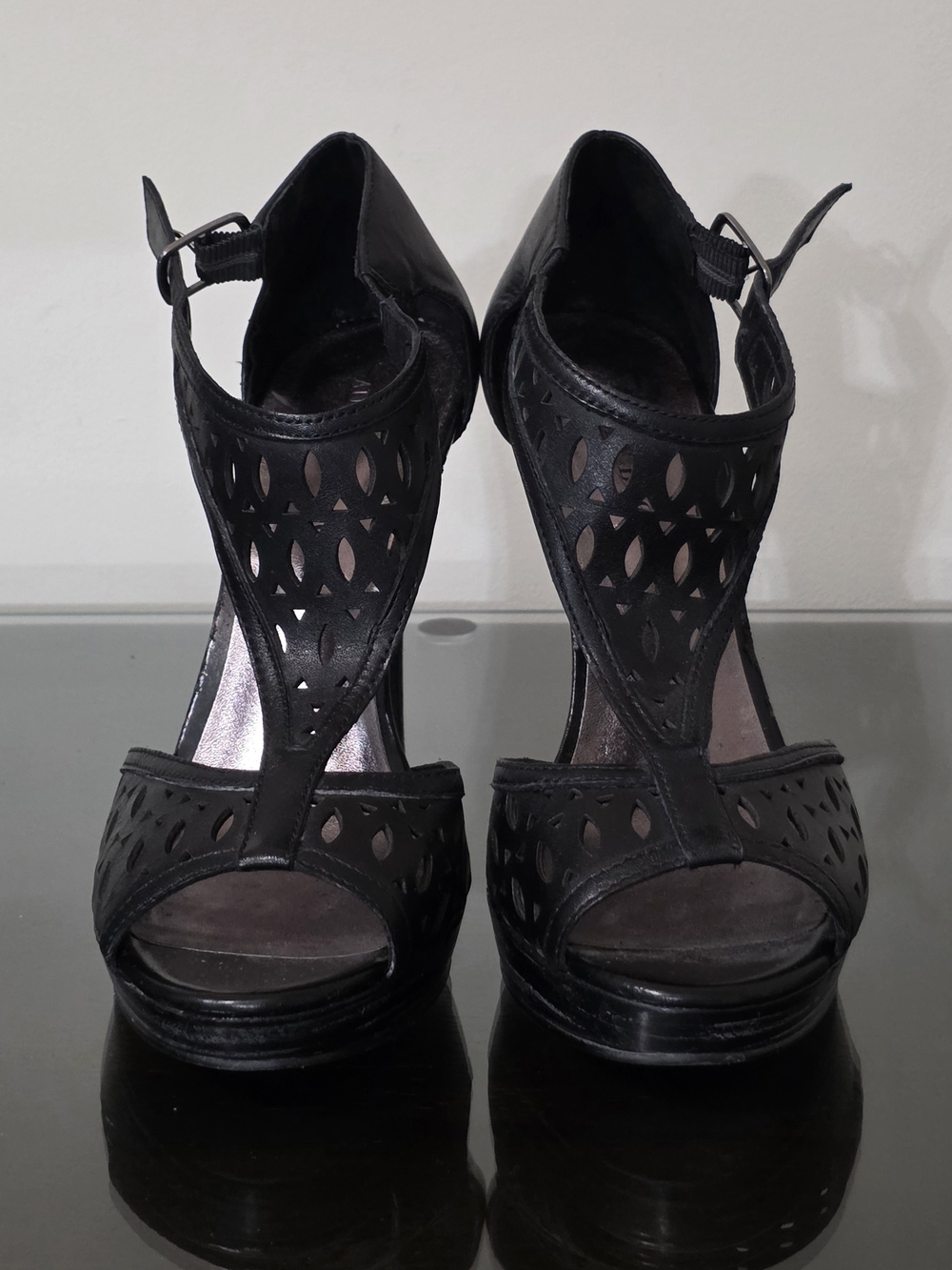 Audrey Brooke Black Cutout Peep-Toe Ankle Strap Heels